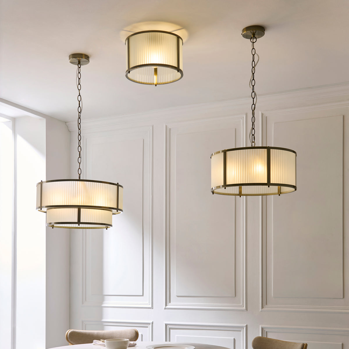 Endon Ridgeton 5lt Tiered Pendant Antique brass plate & frosted ribbed glass