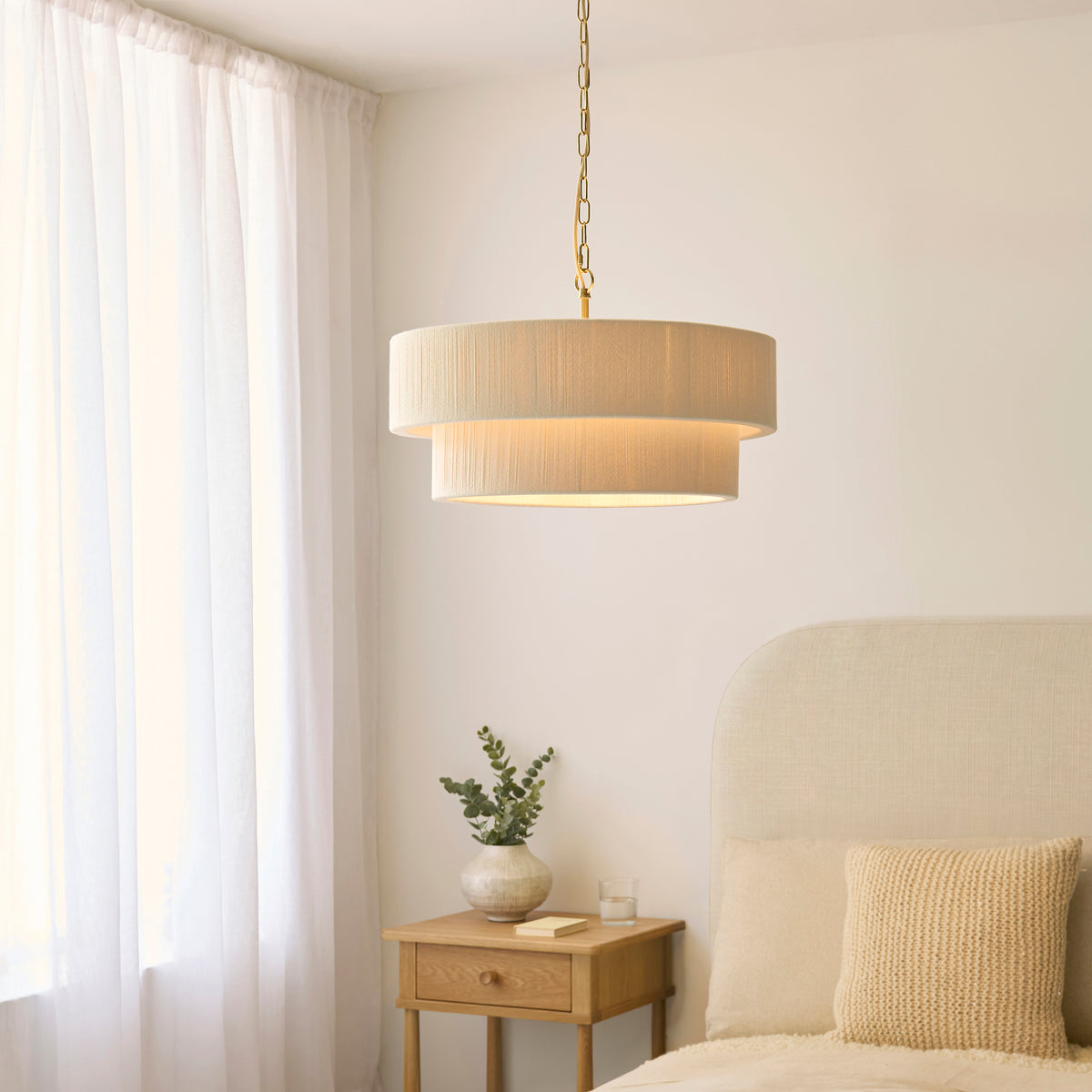 Endon Noah 5lt Pendant Cream cotton & brushed brass plate