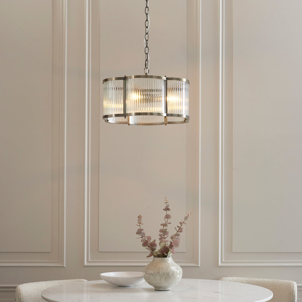 Endon Ridgeton Scallop 3lt Pendant Antique brass plate & clear ribbed glass