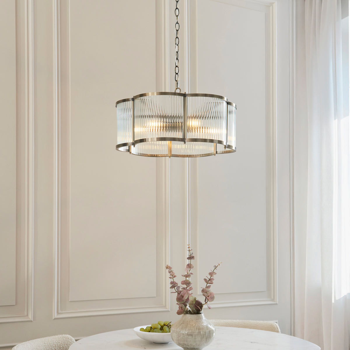 Endon Ridgeton Scallop 5lt Pendant Antique brass plate & clear ribbed glass