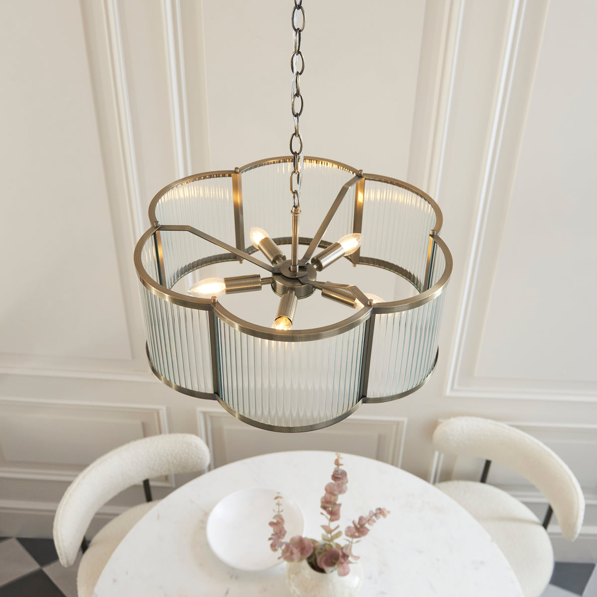 Endon Ridgeton Scallop 5lt Pendant Antique brass plate & clear ribbed glass