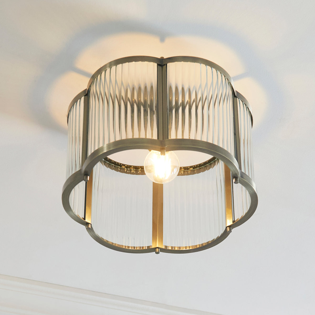 Endon Ridgeton Scallop Flush Antique brass plate & clear ribbed glass