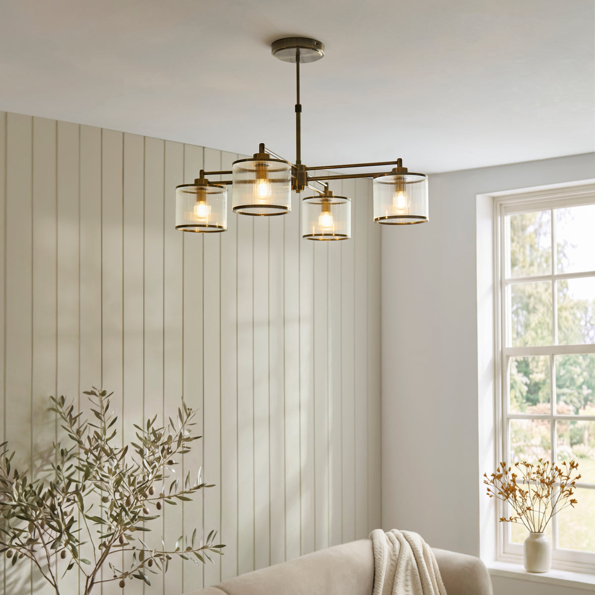 Endon Ridgeton 4lt Pendant Antique brass plate & clear ribbed glass