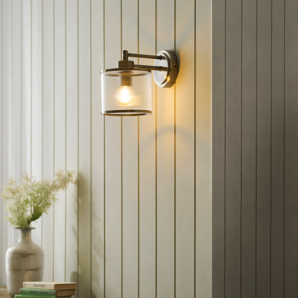 Endon Ridgeton Armed Wall Antique brass plate & clear ribbed glass
