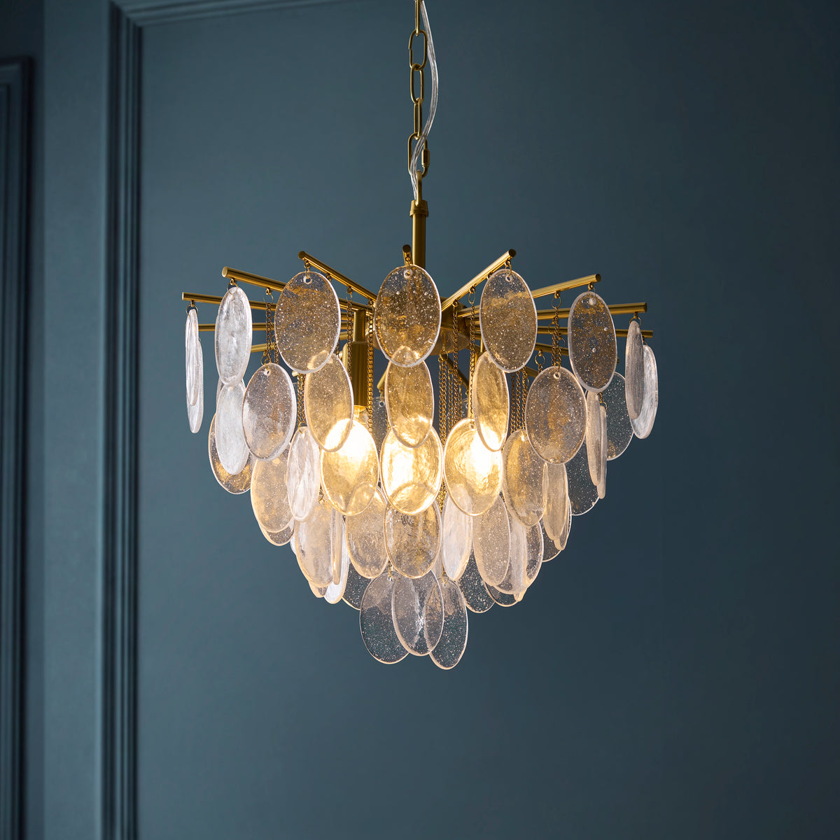 Endon Loretta 3lt Pendant Brushed aged brass plate & clear bubble glass