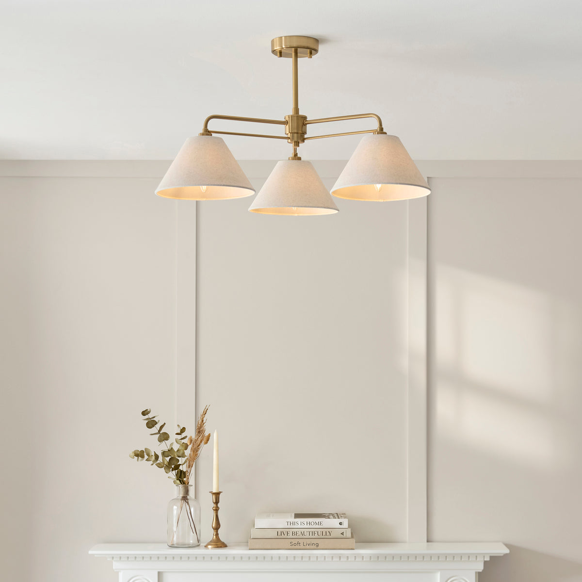 Endon Wallbridge 3lt Semi Flush Brushed aged brass plate & natural linen