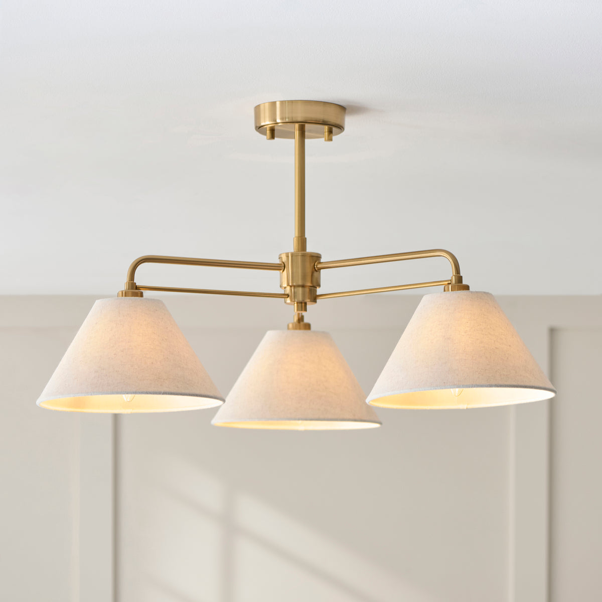 Endon Wallbridge 3lt Semi Flush Brushed aged brass plate & natural linen