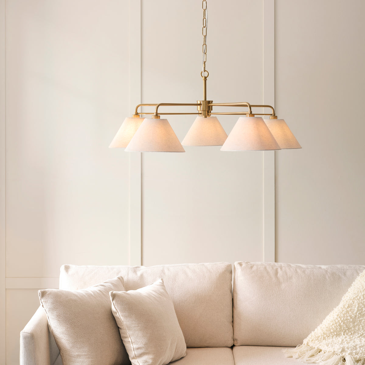 Endon Wallbridge 5lt Pendant Brushed aged brass plate & natural linen
