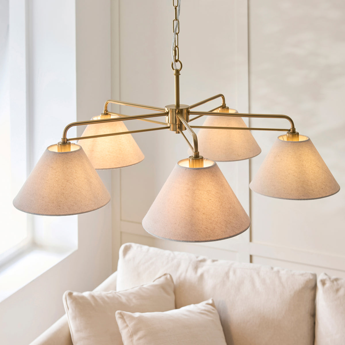Endon Wallbridge 5lt Pendant Brushed aged brass plate & natural linen