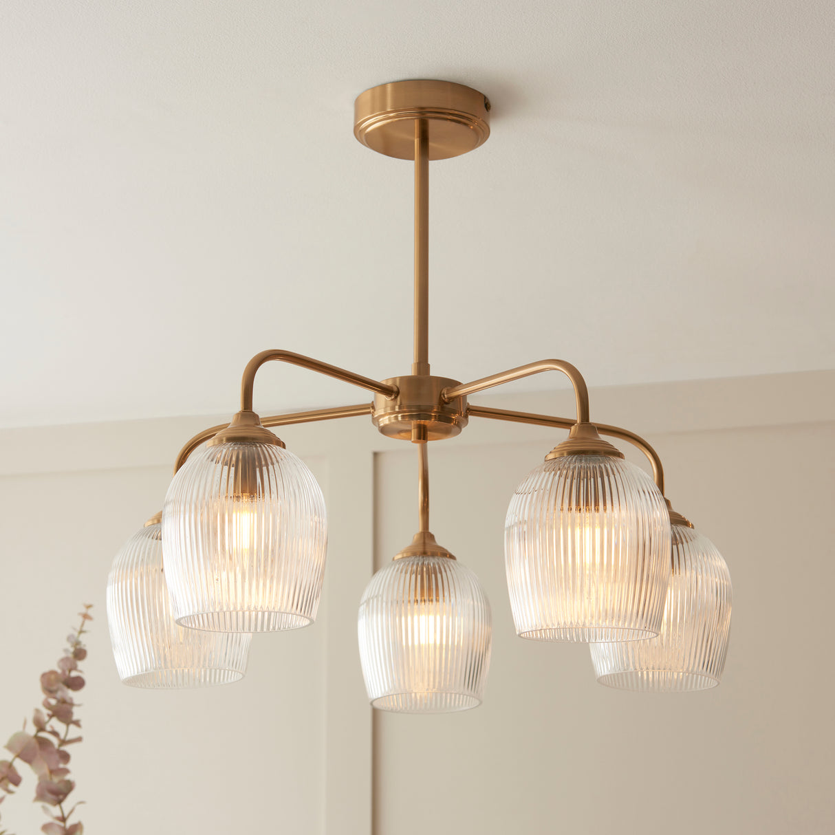 Endon Ashcroft Ribbed 5lt Pendant Brushed aged brass plate & clear ribbed glass