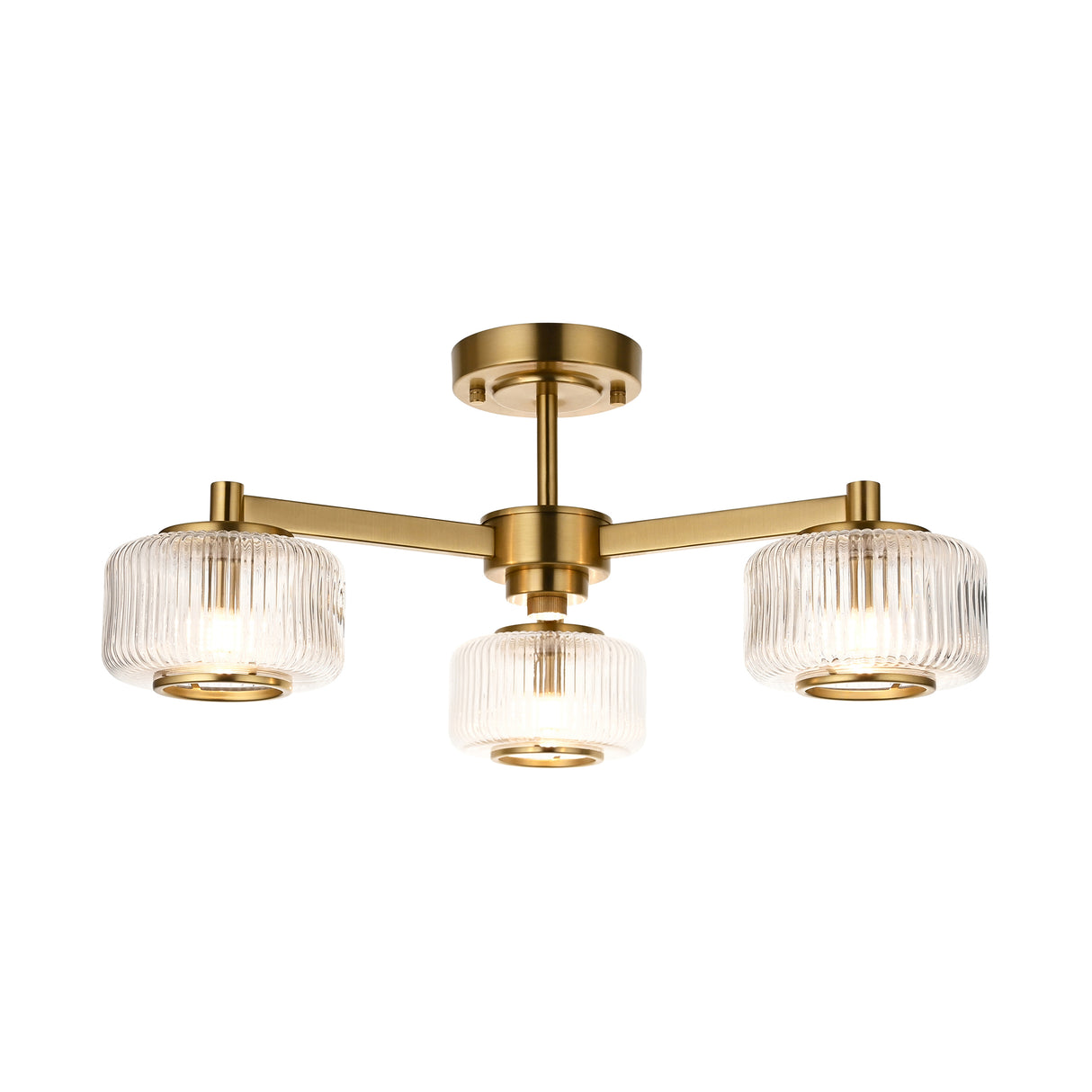Endon Stamford 3lt Semi Flush Brushed aged brass plate & clear ribbed glass