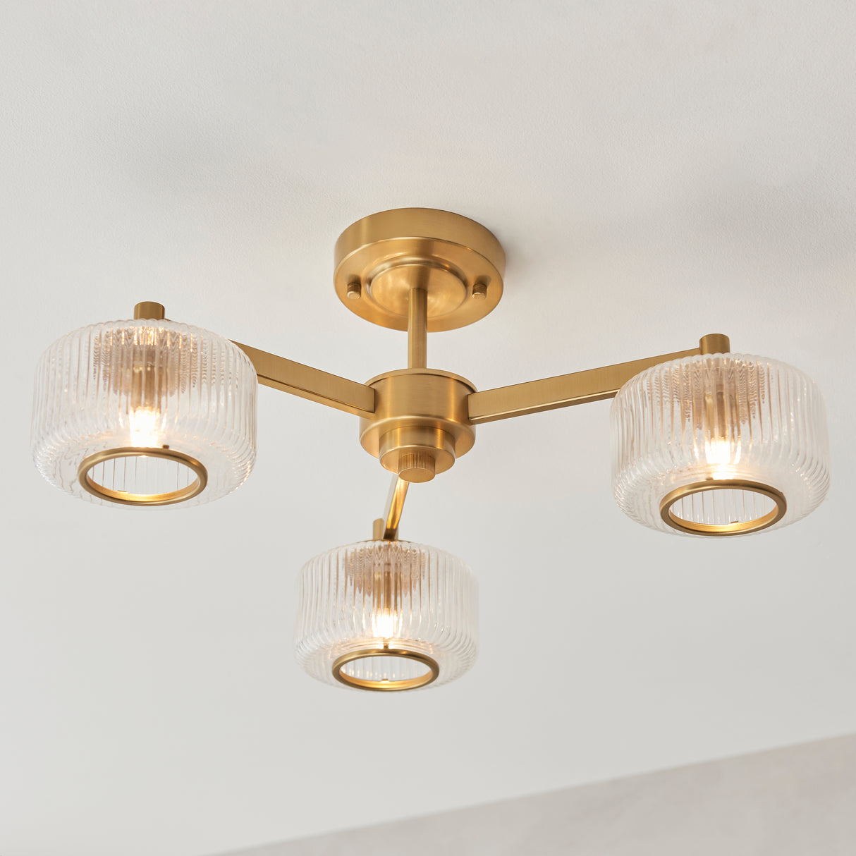 Endon Stamford 3lt Semi Flush Brushed aged brass plate & clear ribbed glass