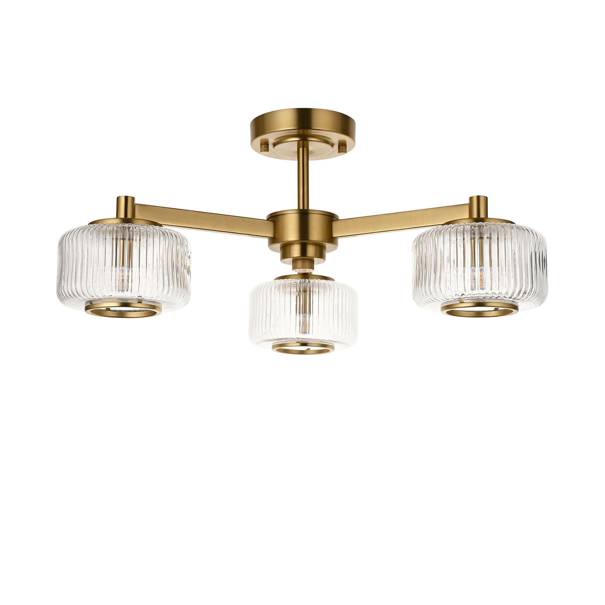 Endon Stamford 3lt Semi Flush Brushed aged brass plate & clear ribbed glass
