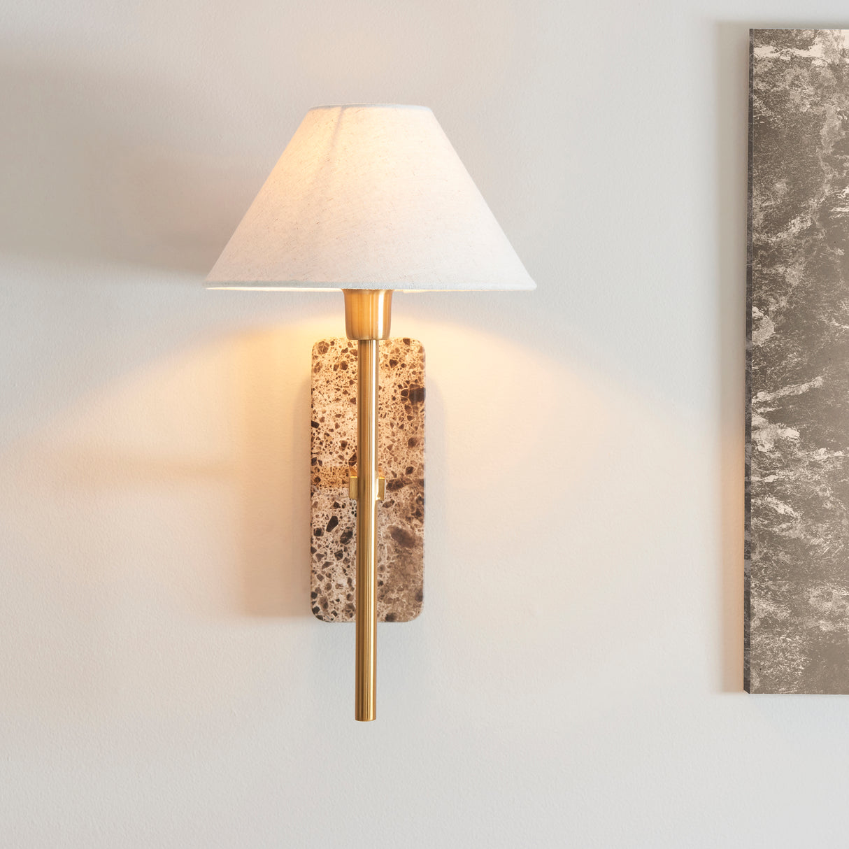 Endon Faro Wall Dark brown Emperador marble & vintage brass with natural linen
