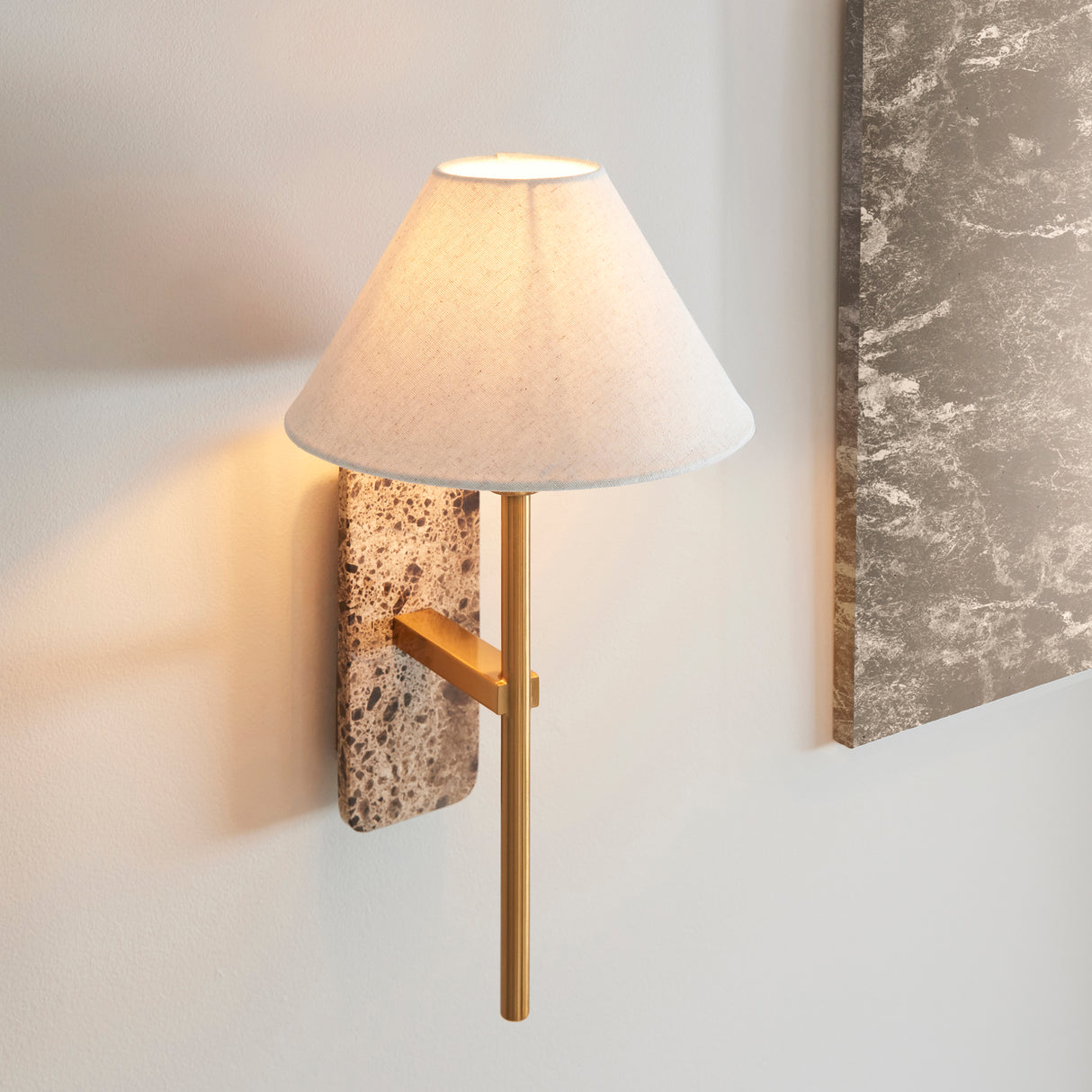 Endon Faro Wall Dark brown Emperador marble & vintage brass with natural linen
