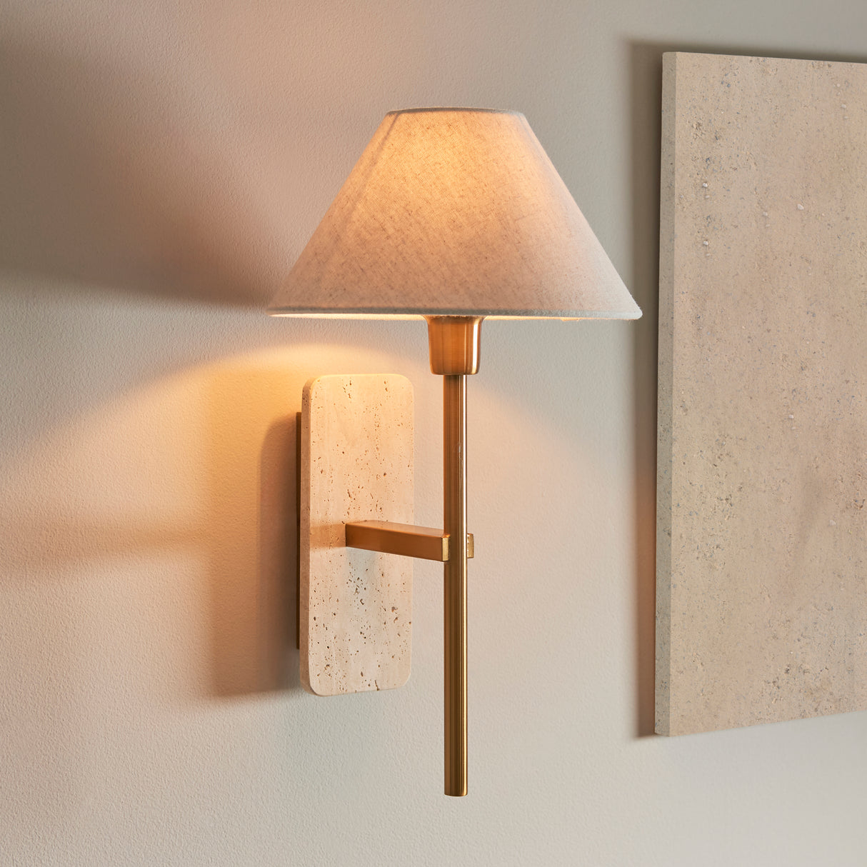Endon Faro Wall Natural Travertine & vintage brass with natural linen