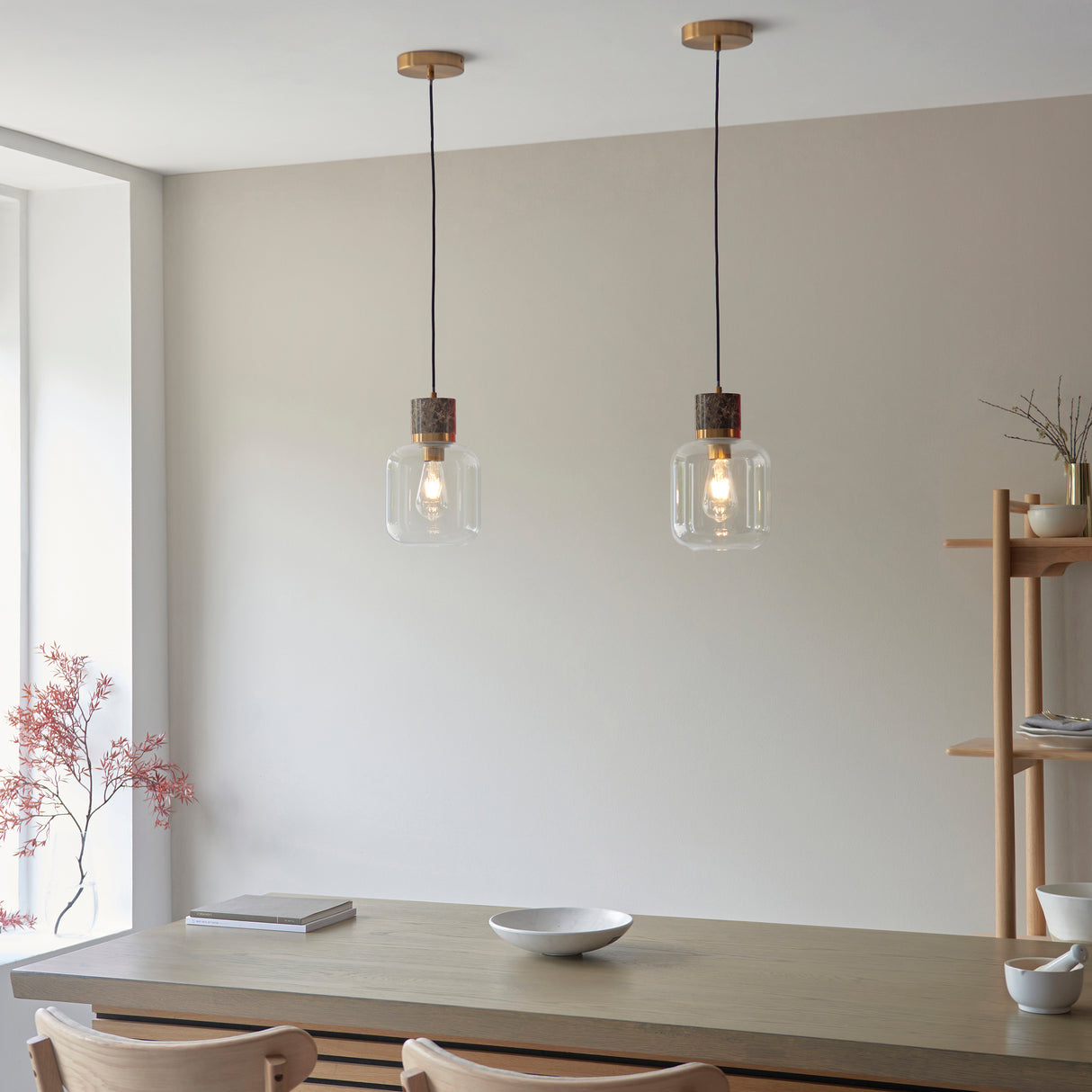 Endon Travi Pendant Dark brown Emperador marble, vintage brass & clear glass