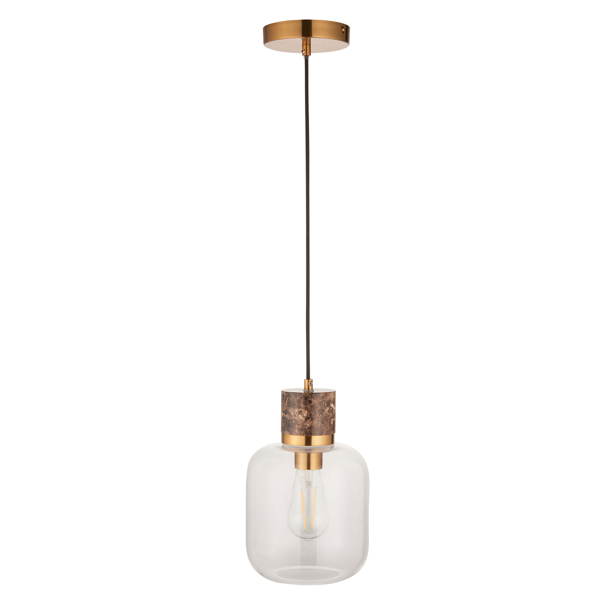 Endon Travi Pendant Dark brown Emperador marble, vintage brass & clear glass