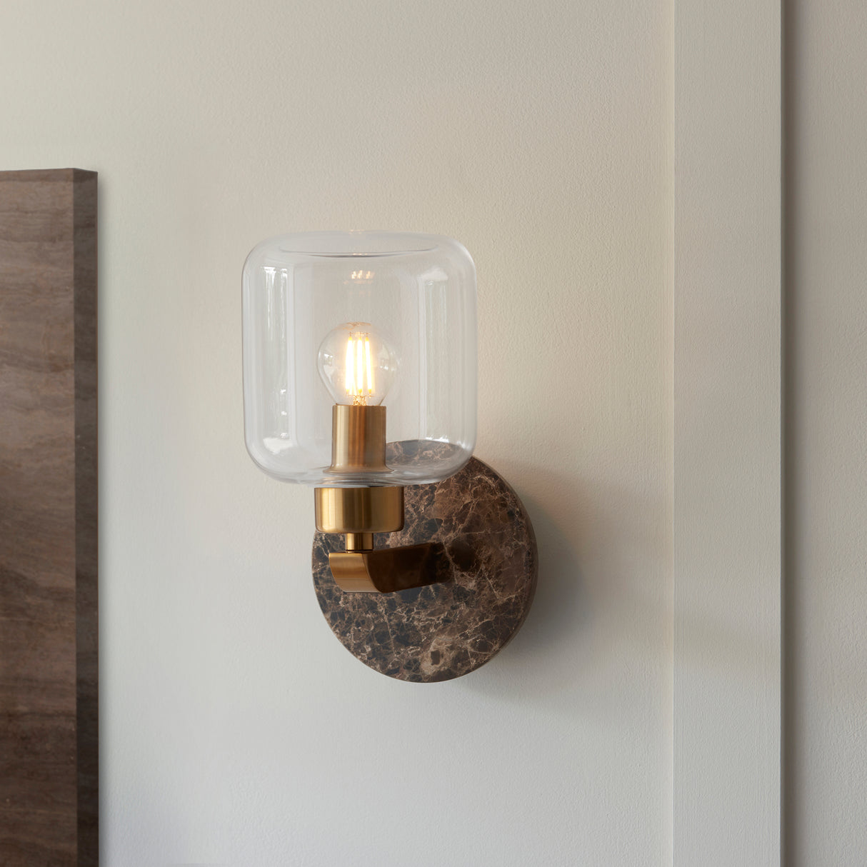 Endon Travi Wall Dark brown Emperador marble, vintage brass & clear glass