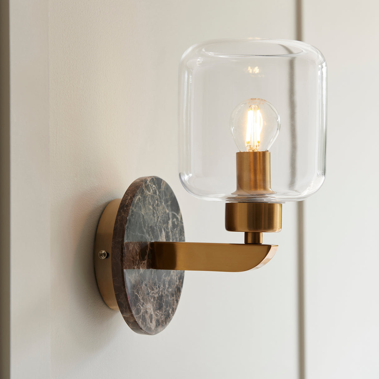 Endon Travi Wall Dark brown Emperador marble, vintage brass & clear glass