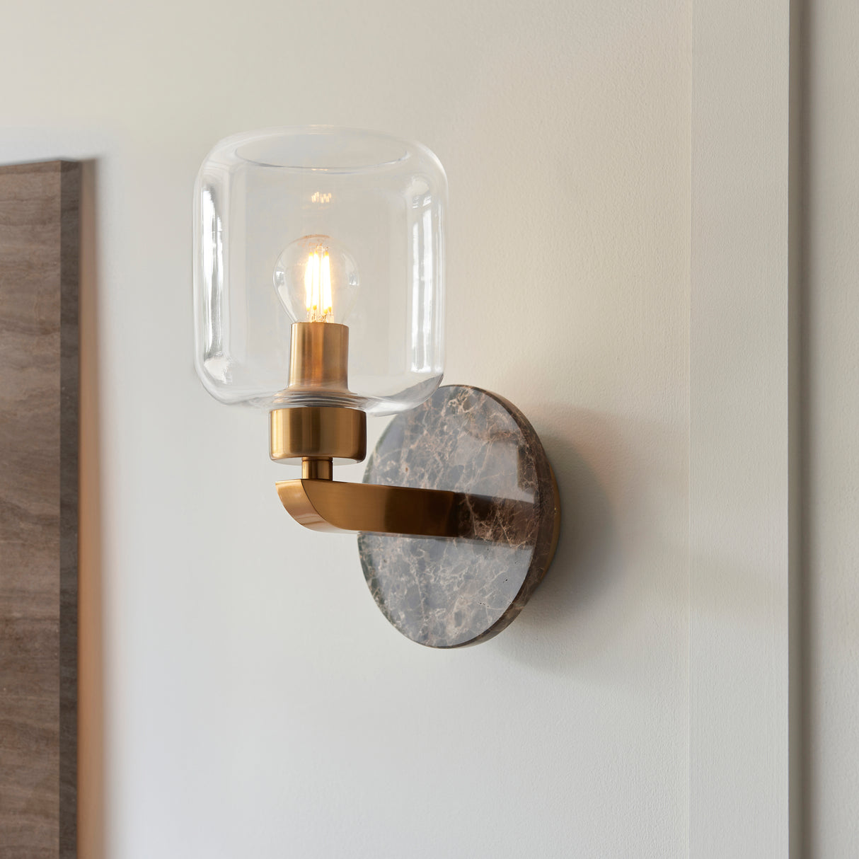 Endon Travi Wall Dark brown Emperador marble, vintage brass & clear glass