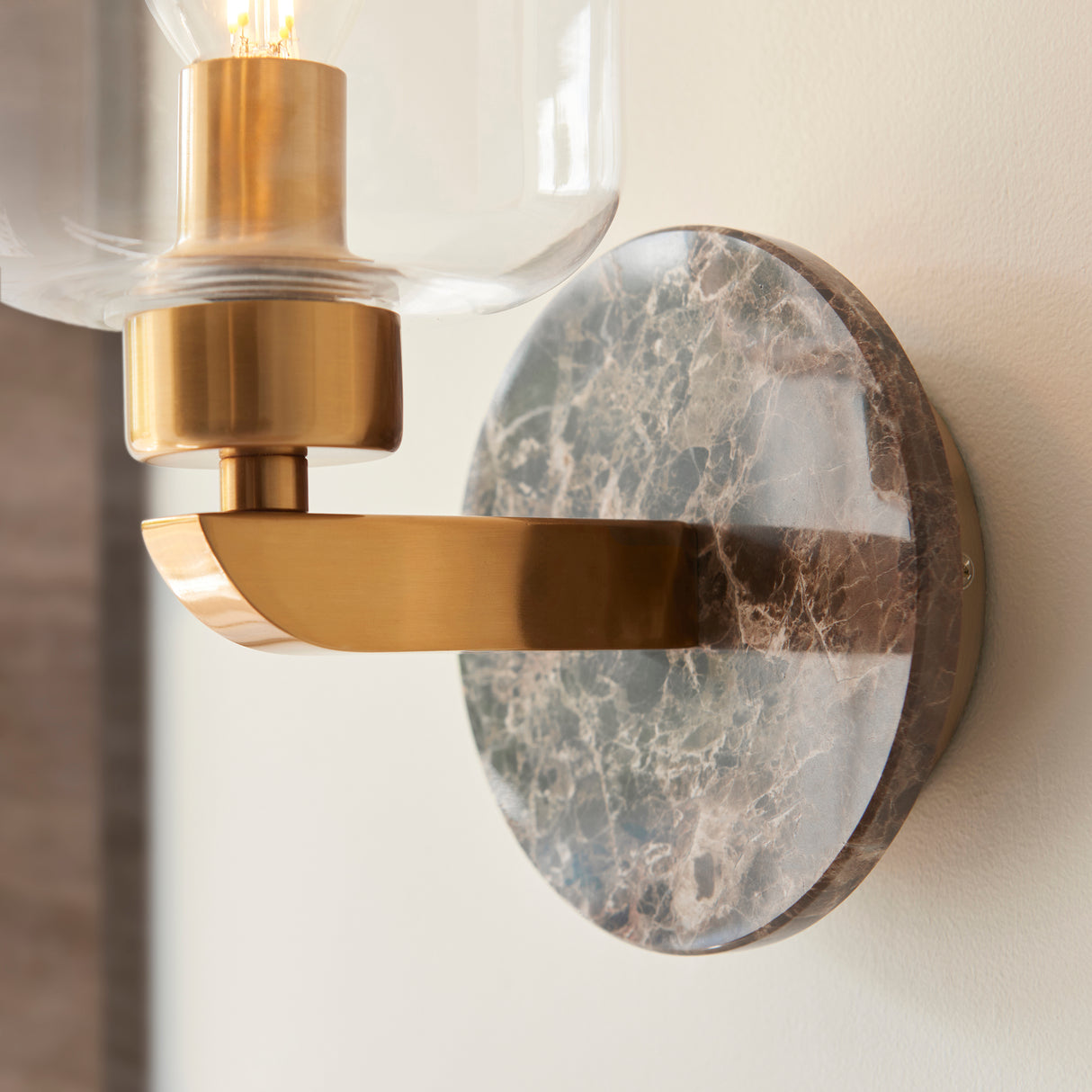 Endon Travi Wall Dark brown Emperador marble, vintage brass & clear glass