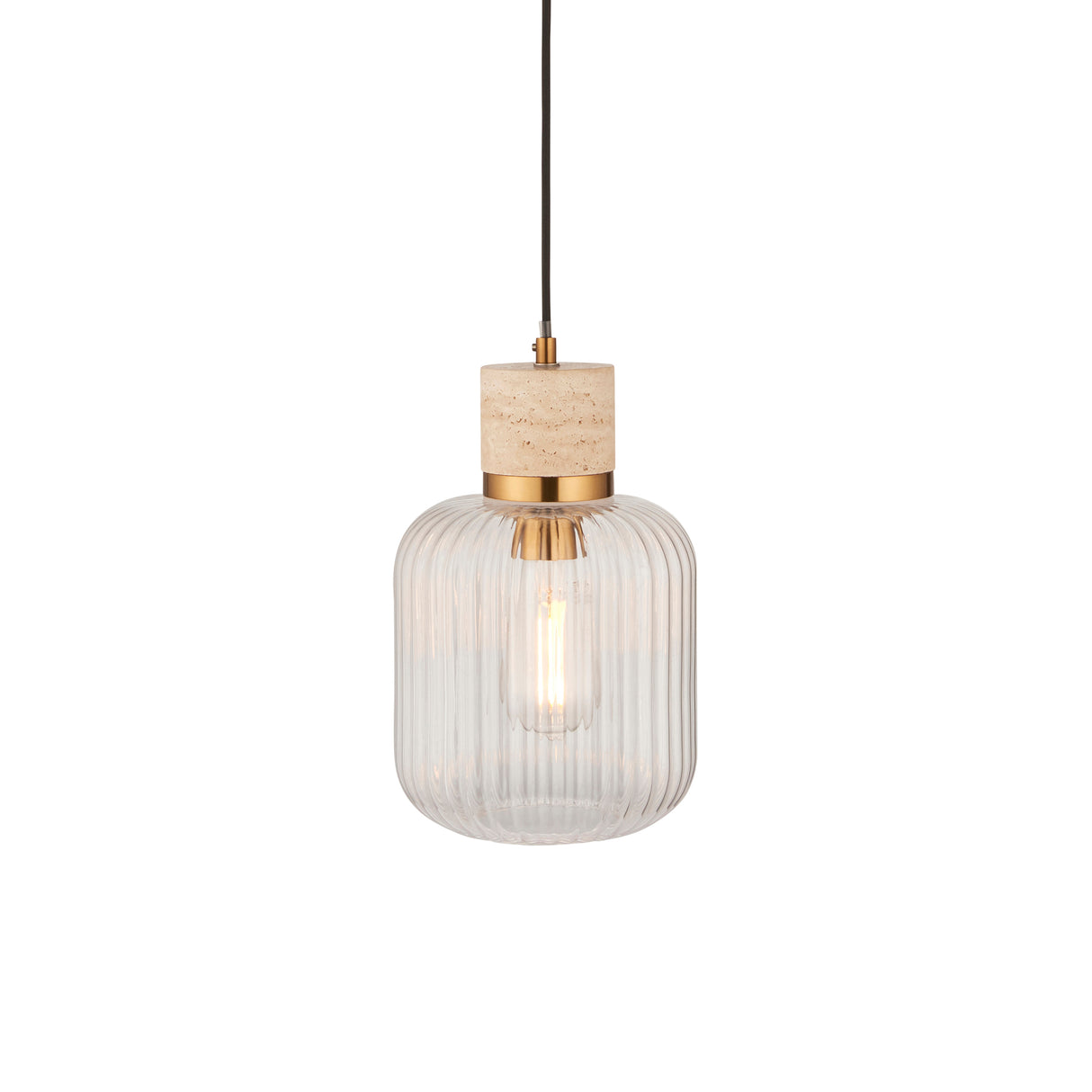 Endon Travi Ribbed Pendant Natural travertine, vintage brass & clear ribbed glass