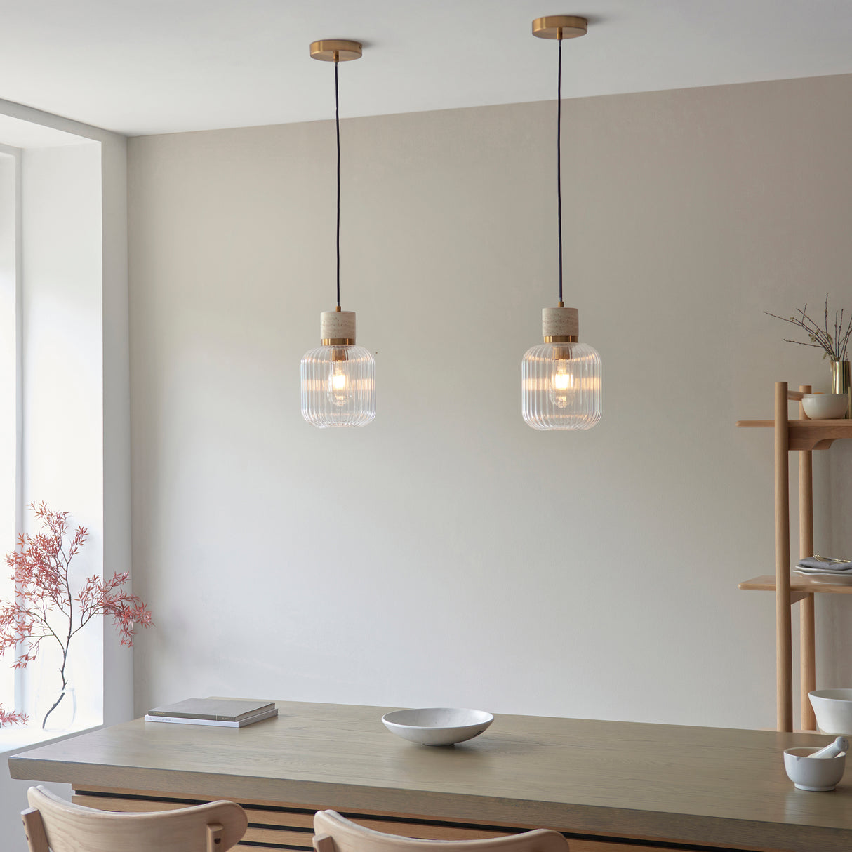 Endon Travi Ribbed Pendant Natural travertine, vintage brass & clear ribbed glass