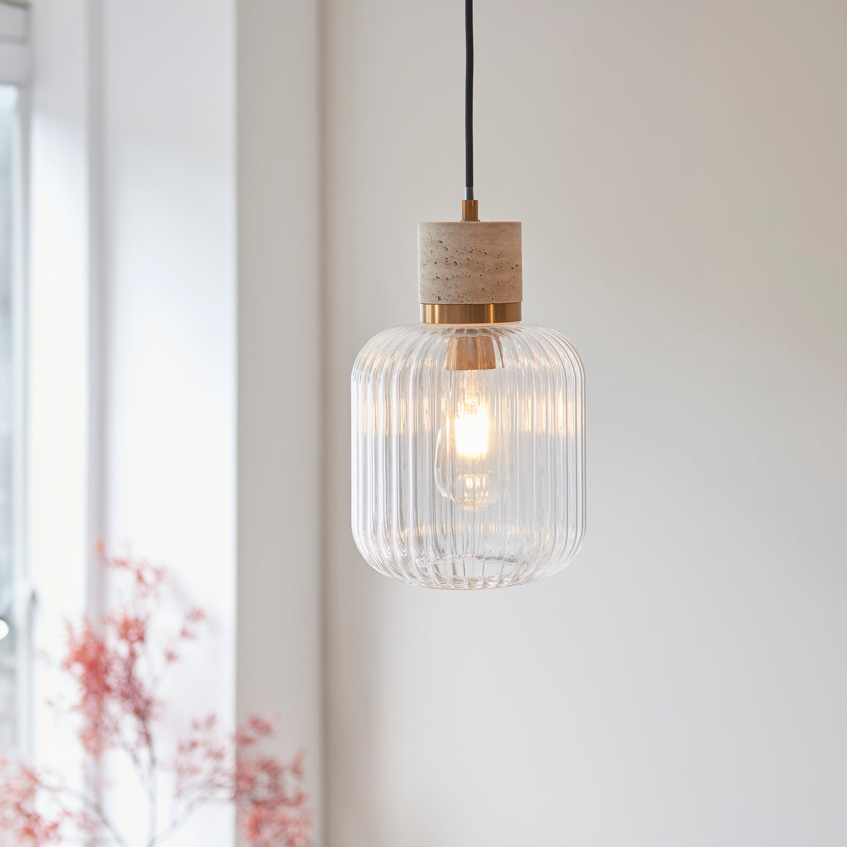 Endon Travi Ribbed Pendant Natural travertine, vintage brass & clear ribbed glass