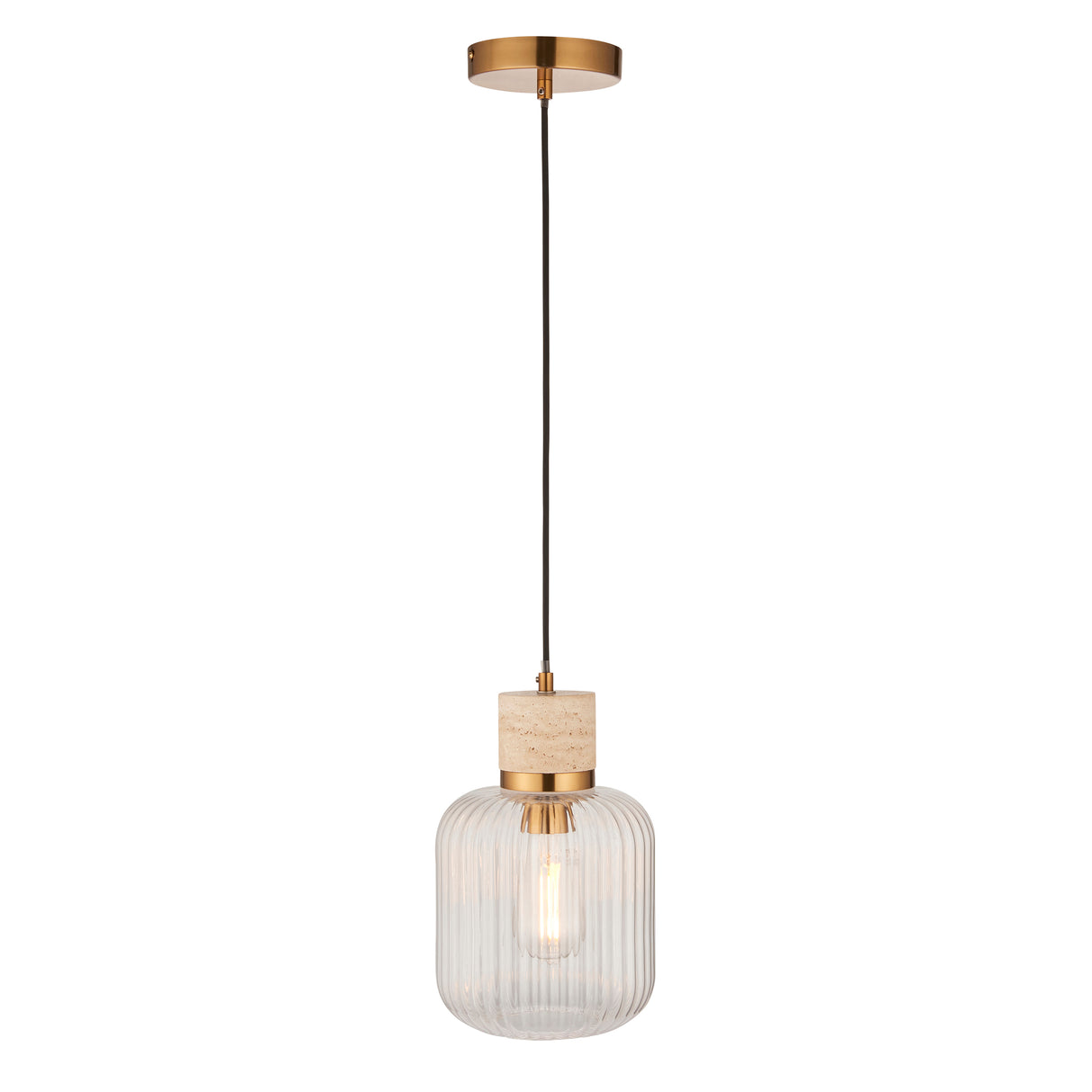 Endon Travi Ribbed Pendant Natural travertine, vintage brass & clear ribbed glass