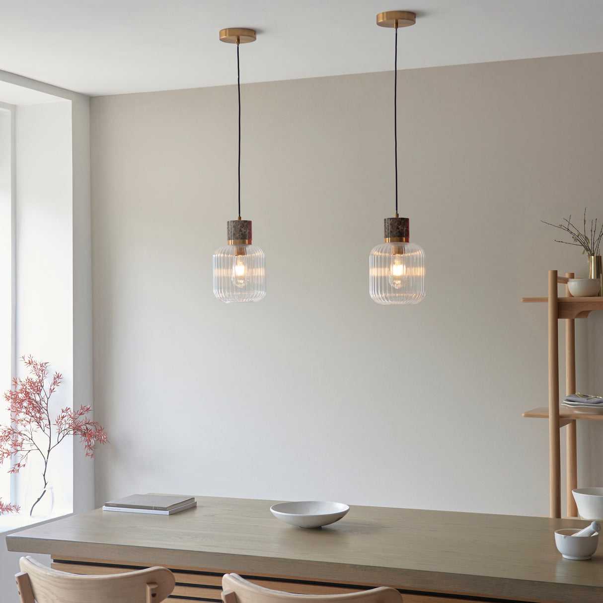 Endon Travi Ribbed Pendant Dark brown Emperador marble, vintage brass & clear ribbed glass