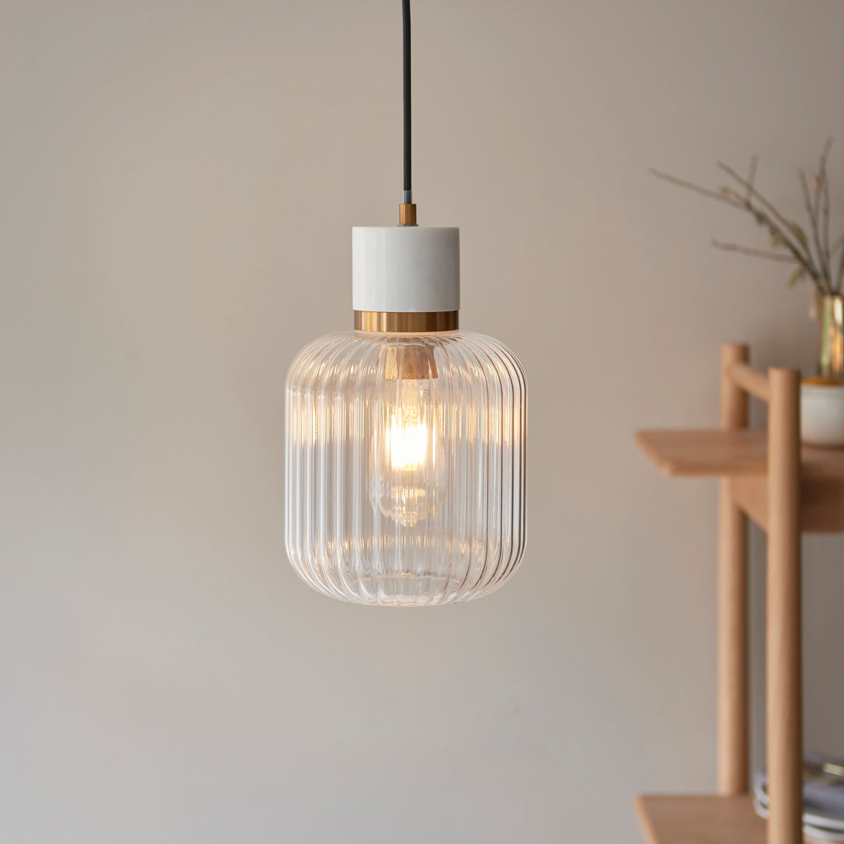 Endon Travi Ribbed Pendant White volakas marble, vintage brass & clear ribbed glass