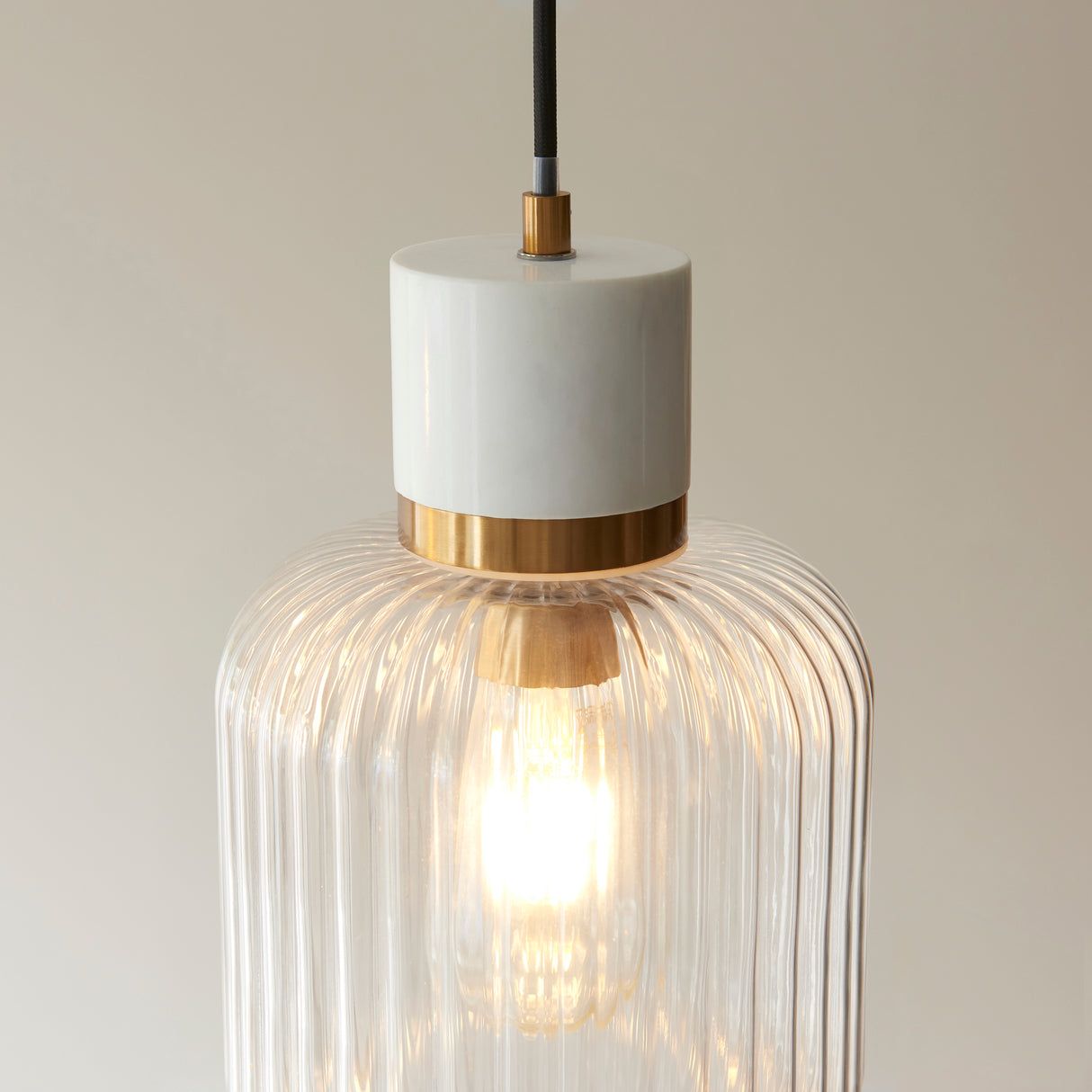 Endon Travi Ribbed Pendant White volakas marble, vintage brass & clear ribbed glass