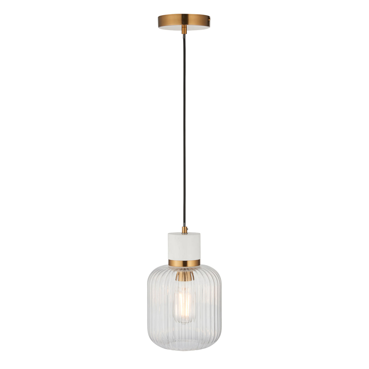 Endon Travi Ribbed Pendant White volakas marble, vintage brass & clear ribbed glass