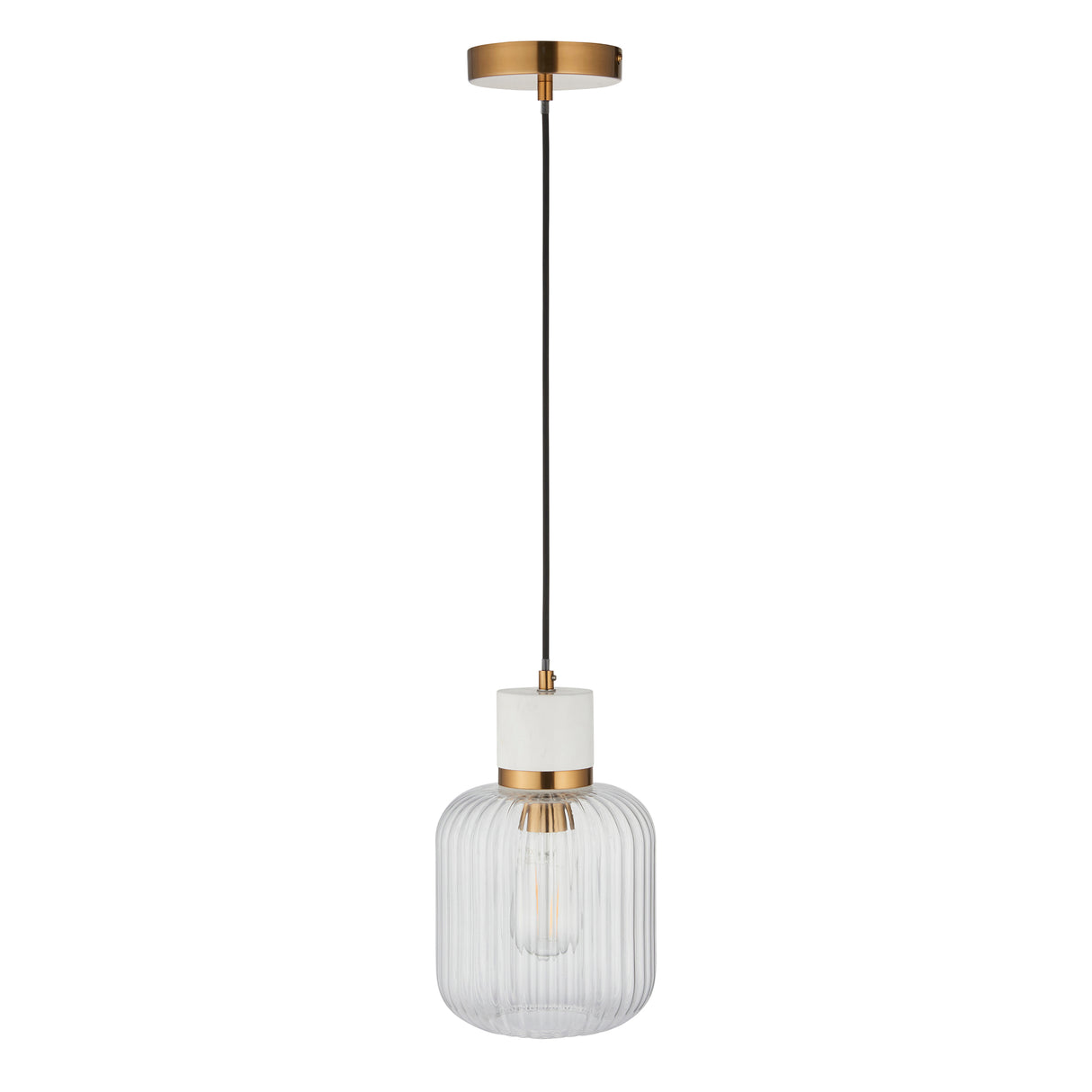 Endon Travi Ribbed Pendant White volakas marble, vintage brass & clear ribbed glass