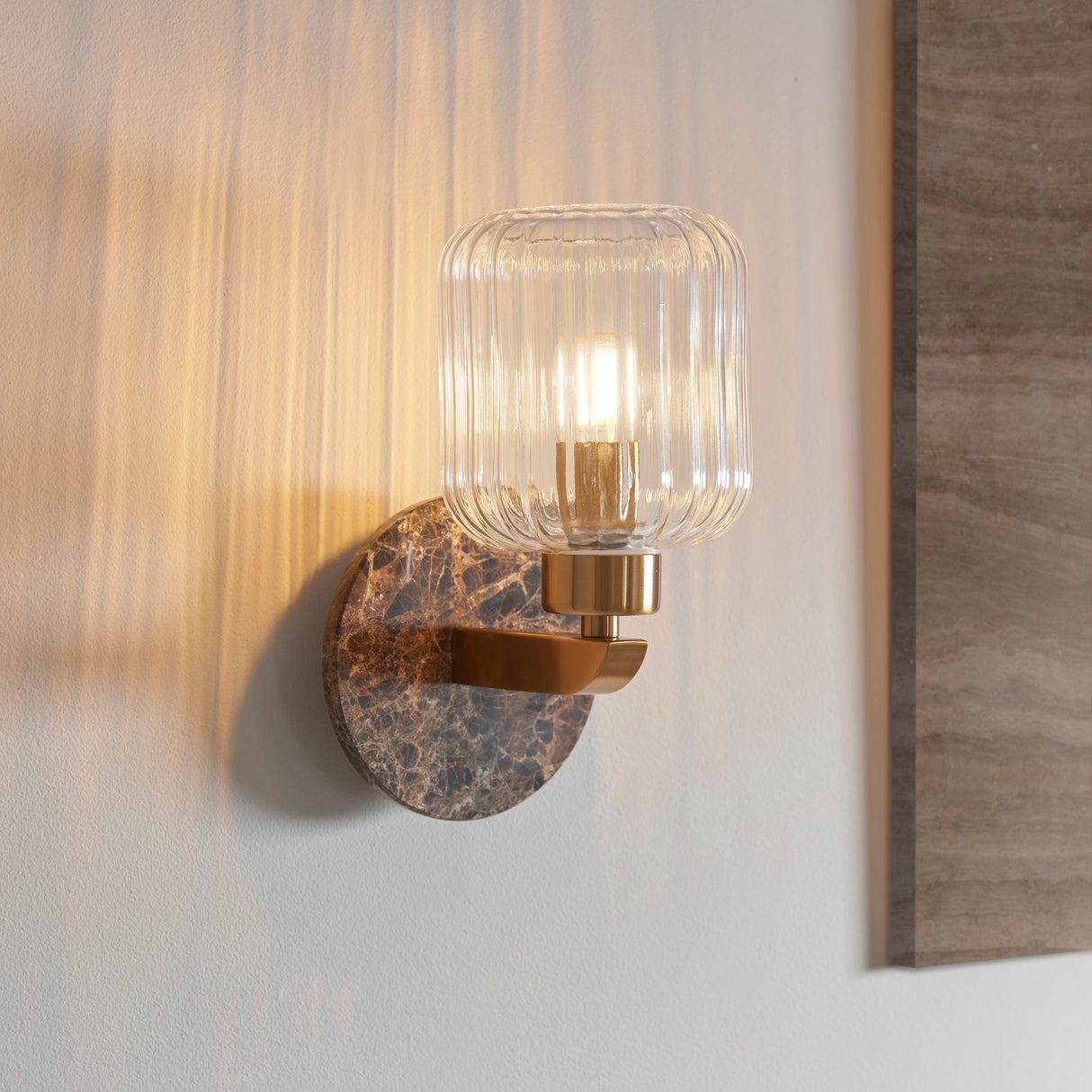 Endon Travi Ribbed Wall Dark brown Emperador marble, vintage brass & clear ribbed glass