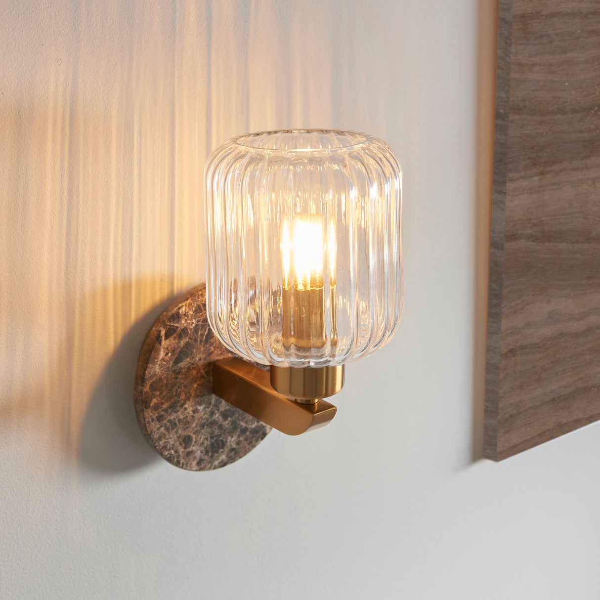Endon Travi Ribbed Wall Dark brown Emperador marble, vintage brass & clear ribbed glass