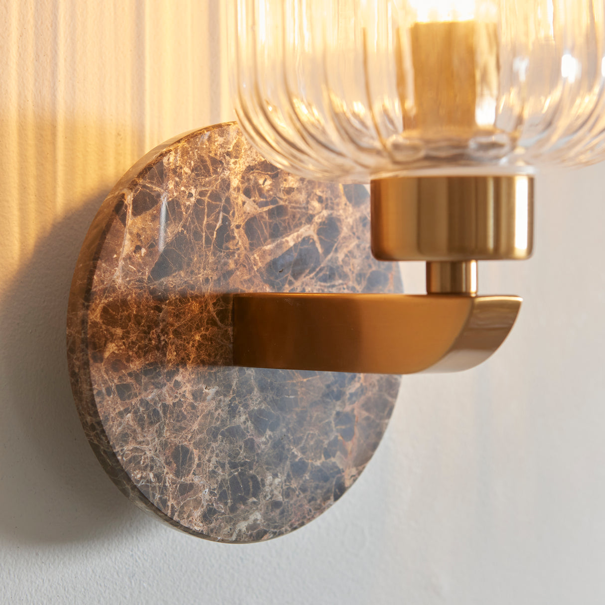 Endon Travi Ribbed Wall Dark brown Emperador marble, vintage brass & clear ribbed glass