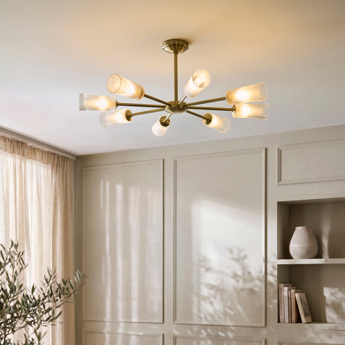 Endon Avelyn 8lt Pendant Antique brass plate & clear ribbed glass