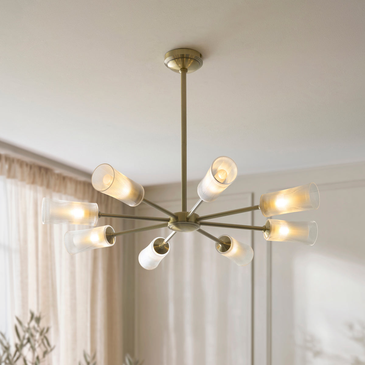 Endon Avelyn 8lt Pendant Antique brass plate & clear ribbed glass