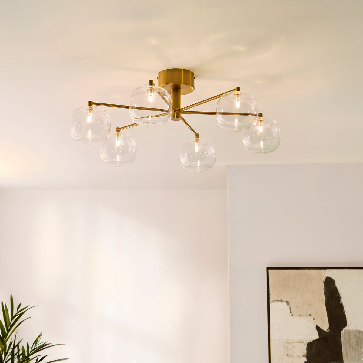 Endon Oslo 6lt Semi Flush Brushed aged brass plate & clear glass