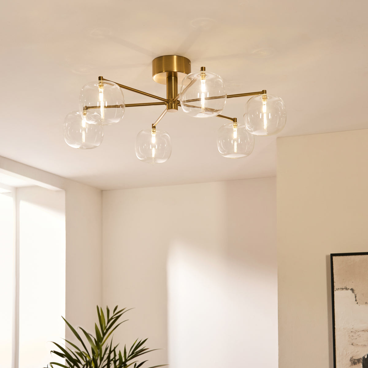 Endon Oslo 6lt Semi Flush Brushed aged brass plate & clear glass