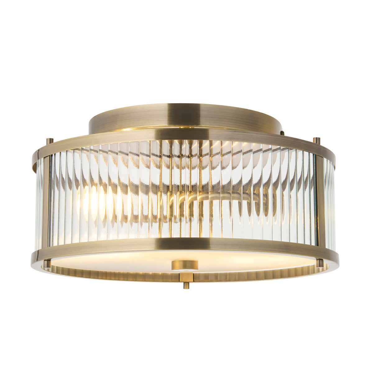 Endon Ridgeton IP44 2lt Flush Antique brass plate, clear ribbed & frosted glass