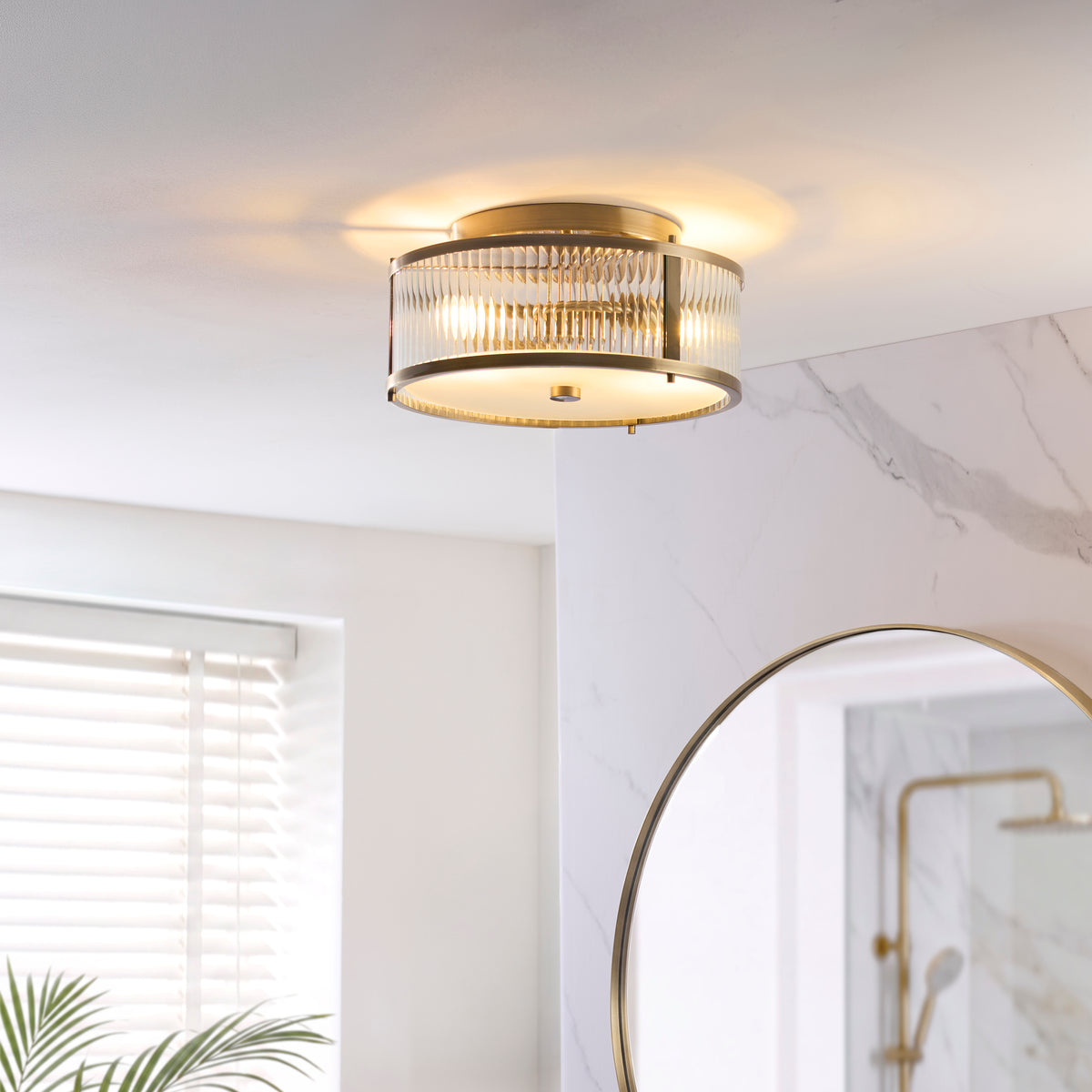 Endon Ridgeton IP44 2lt Flush Antique brass plate, clear ribbed & frosted glass