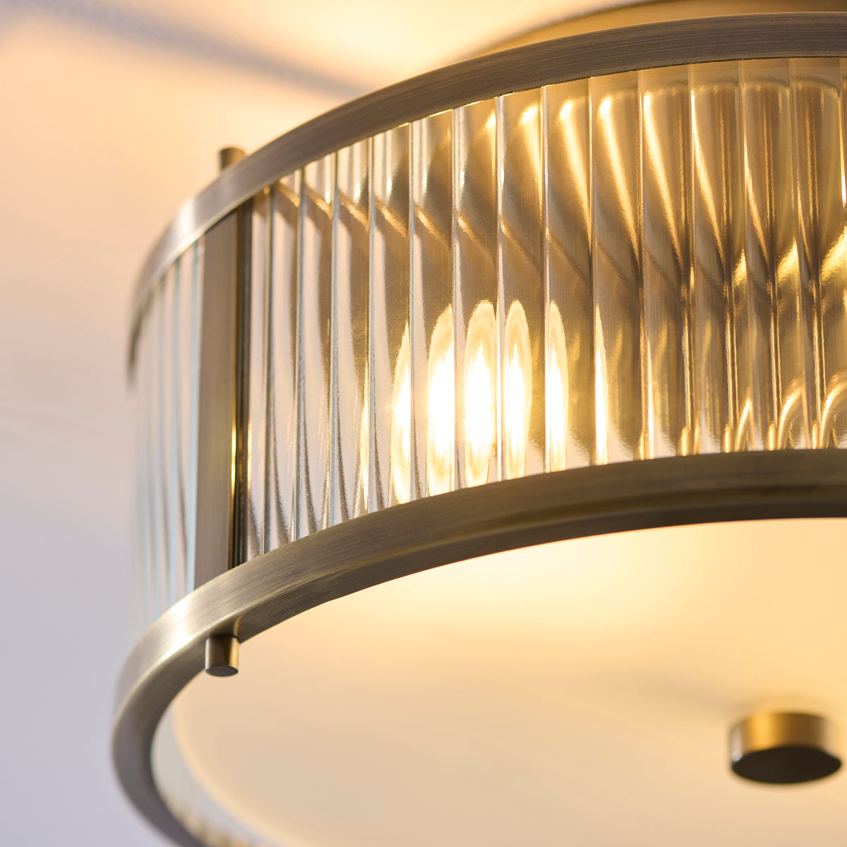 Endon Ridgeton IP44 2lt Flush Antique brass plate, clear ribbed & frosted glass