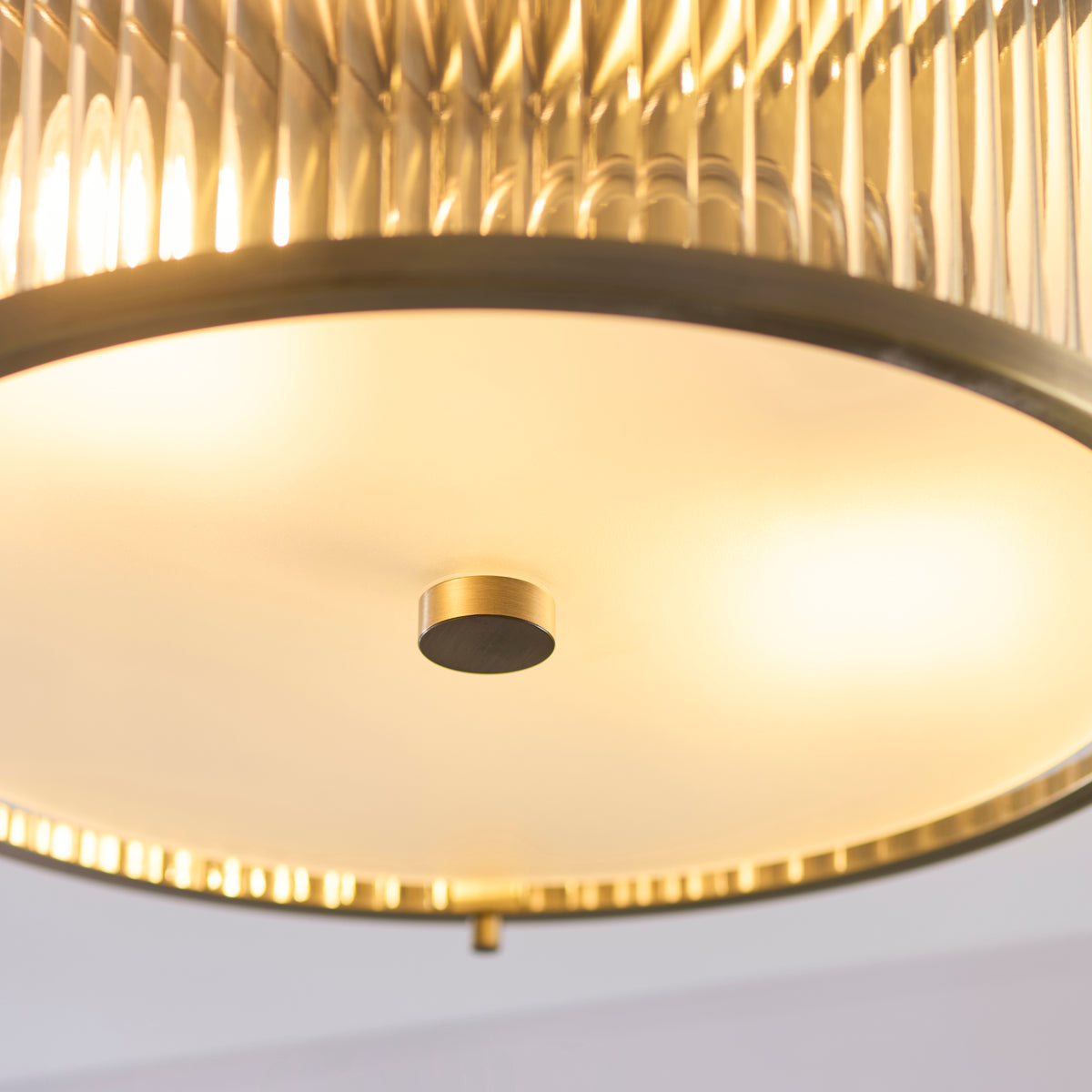 Endon Ridgeton IP44 2lt Flush Antique brass plate, clear ribbed & frosted glass