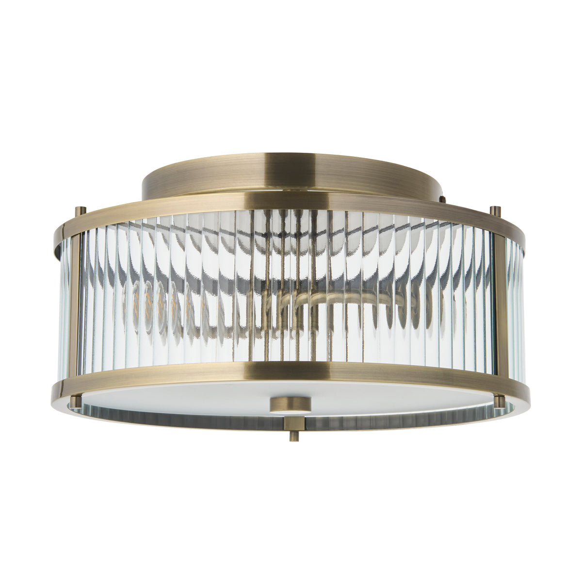 Endon Ridgeton IP44 2lt Flush Antique brass plate, clear ribbed & frosted glass