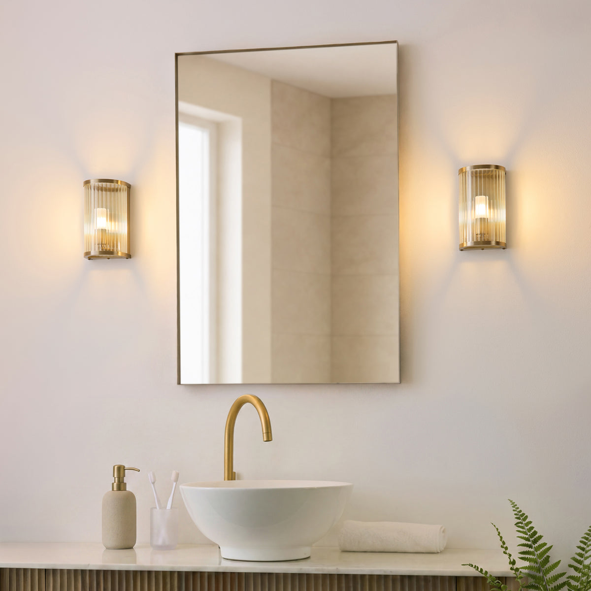 Endon Ridgeton IP44 Wall Antique brass plate & clear ribbed glass