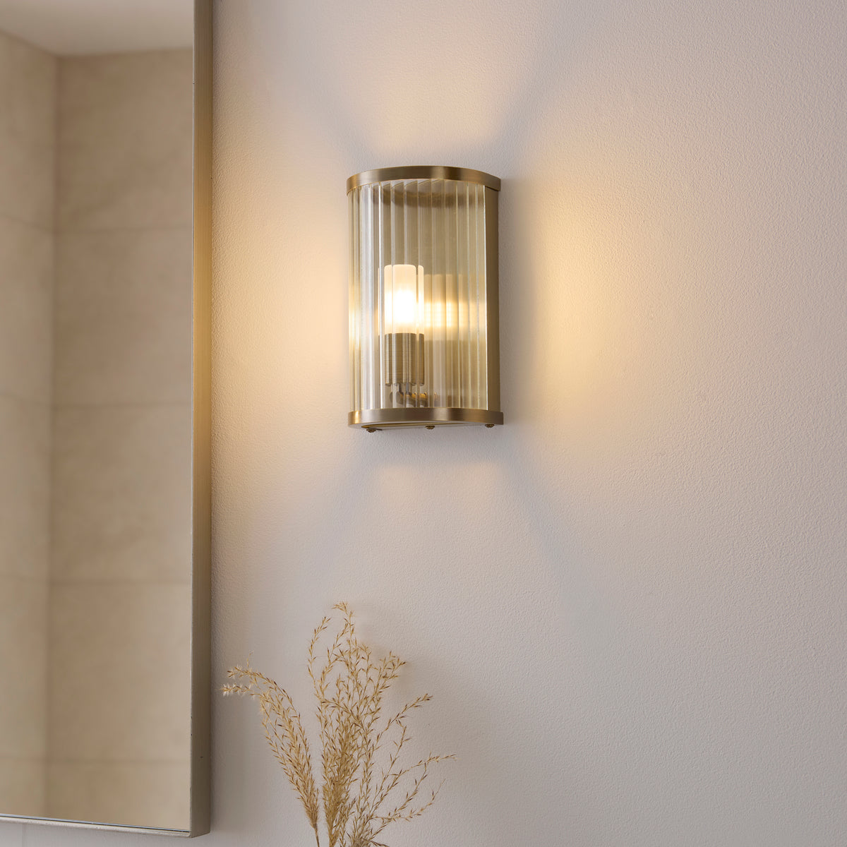 Endon Ridgeton IP44 Wall Antique brass plate & clear ribbed glass