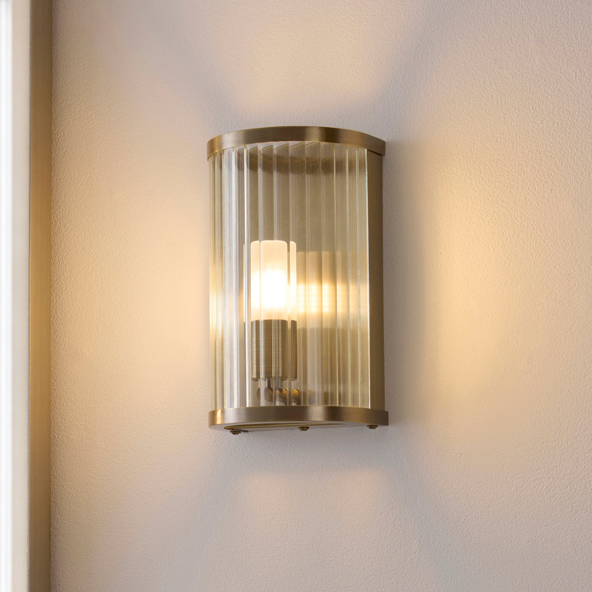 Endon Ridgeton IP44 Wall Antique brass plate & clear ribbed glass